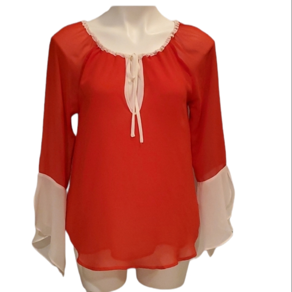 PJK Patterson J Kincaid Red and White Sheer Top